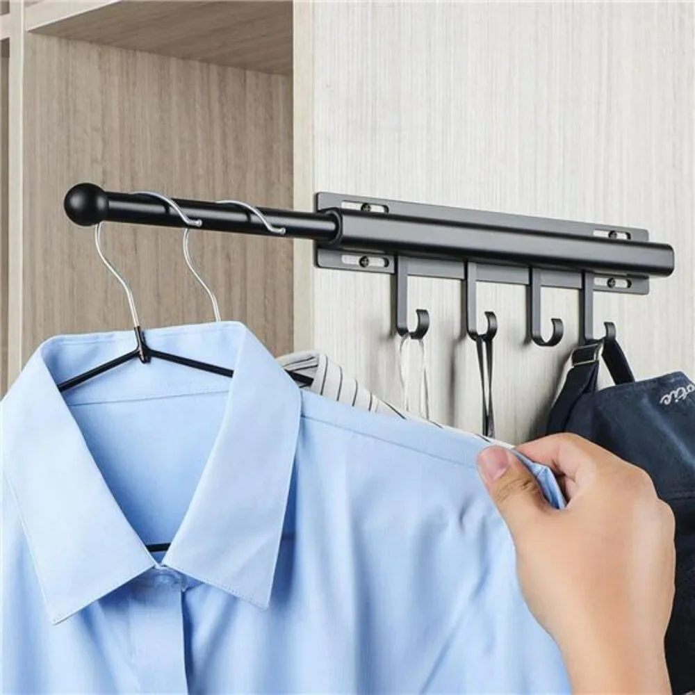 Black Closet Valet Rod 12 Inch Pull Out Clothes Hanger Rail with 4 Hooks Storage